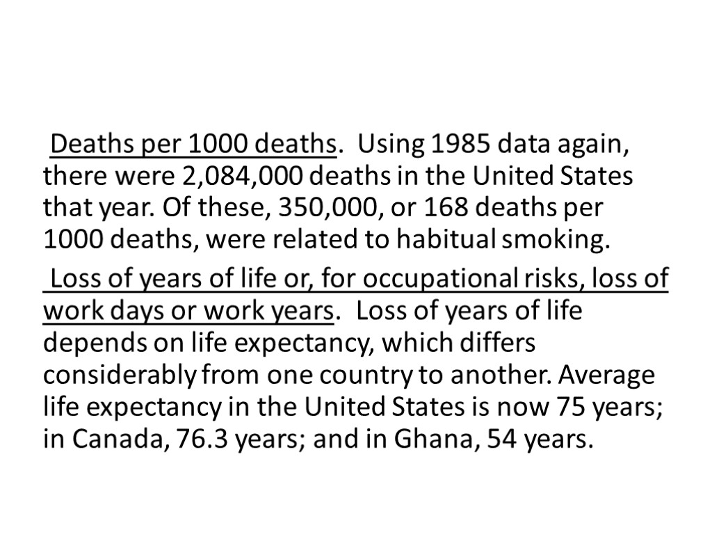 Deaths per 1000 deaths. Using 1985 data again, there were 2,084,000 deaths in the